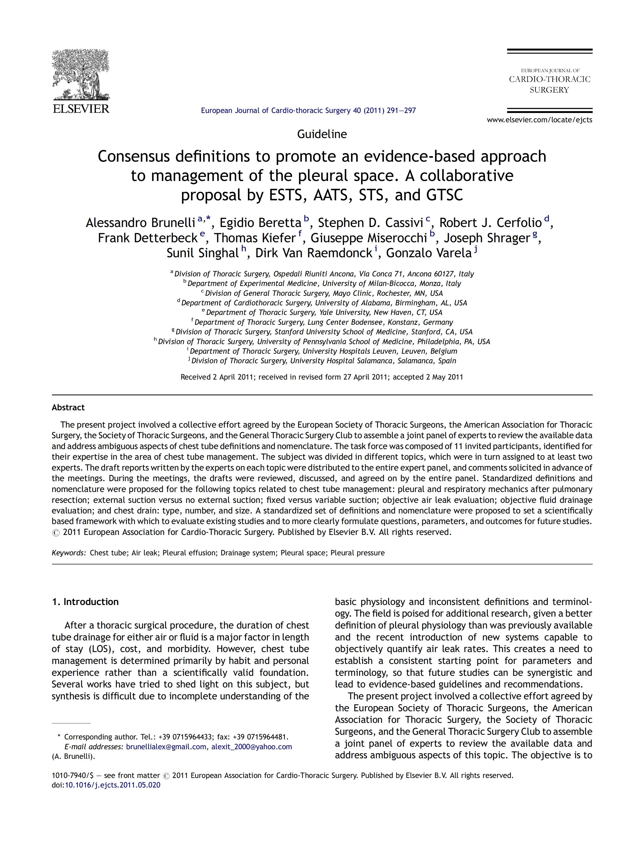 共识定义促进胸膜腔管理的循证方法-ESTS、AATS、STS 和 GTSC 的合作提案